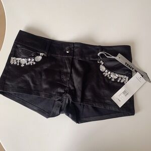 Y2K Low Rise Satin Micro Shorts Black Rhinestone Detail NWT M